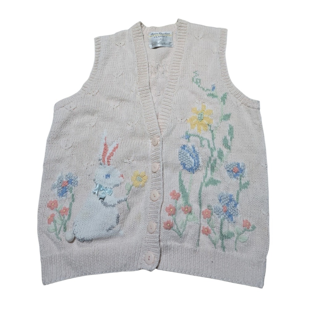 Marisa Christina Classics Hand Knitted Bunny Floral Cardigan Vest Cream Small